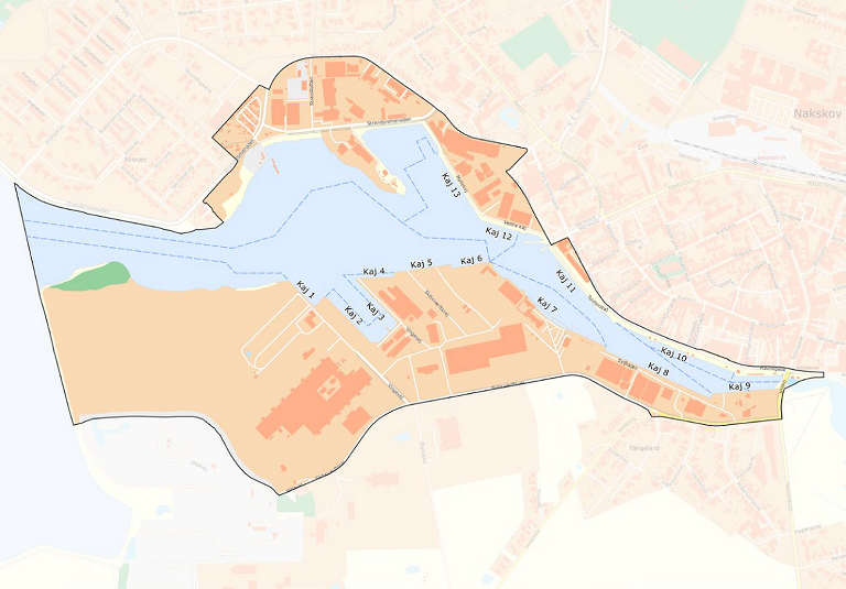 Kort der viser Nakskov Havns arealer