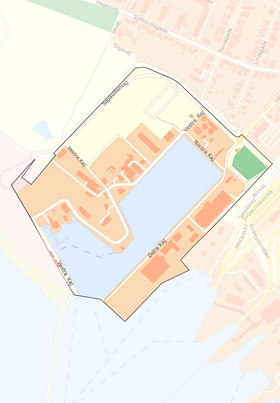 Kort med Rødbyhavn Trafikhavns arealer