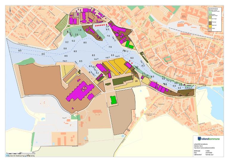 Kort som viser Nakskov Havn og NIMP med vanddybder, kajer samt arealer relateret til havnen